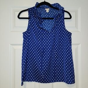 J.Crew Bright Blue & White Polka Dot Ruffle Neck Sleeveless Top | Size 4